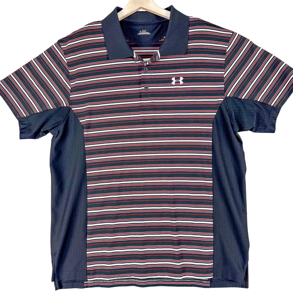 Under Armour Polo Shirt Mens XL Black Red Stripe Golf Performance Stretch Preppy